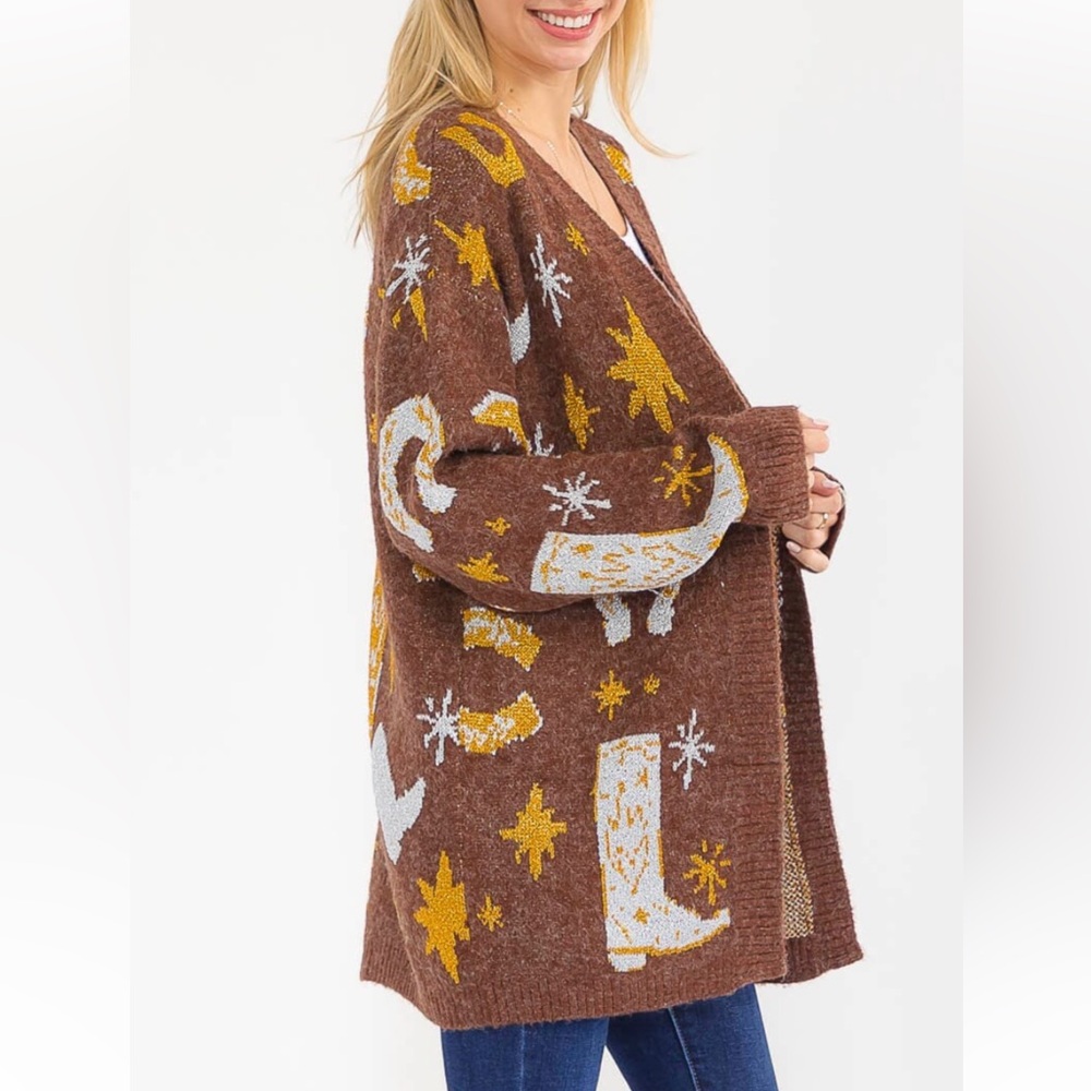 Brown Cardigan with Yellow and White Patterns - Picture 4 of 4
